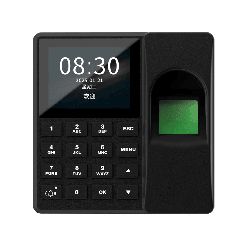 Prednji prikaz proizvoda pokazuje kancelarijski sigurnosni terminal M23 sa LCD ekranom numeričkom tastaturom i zelenim senzorom otiska prsta.