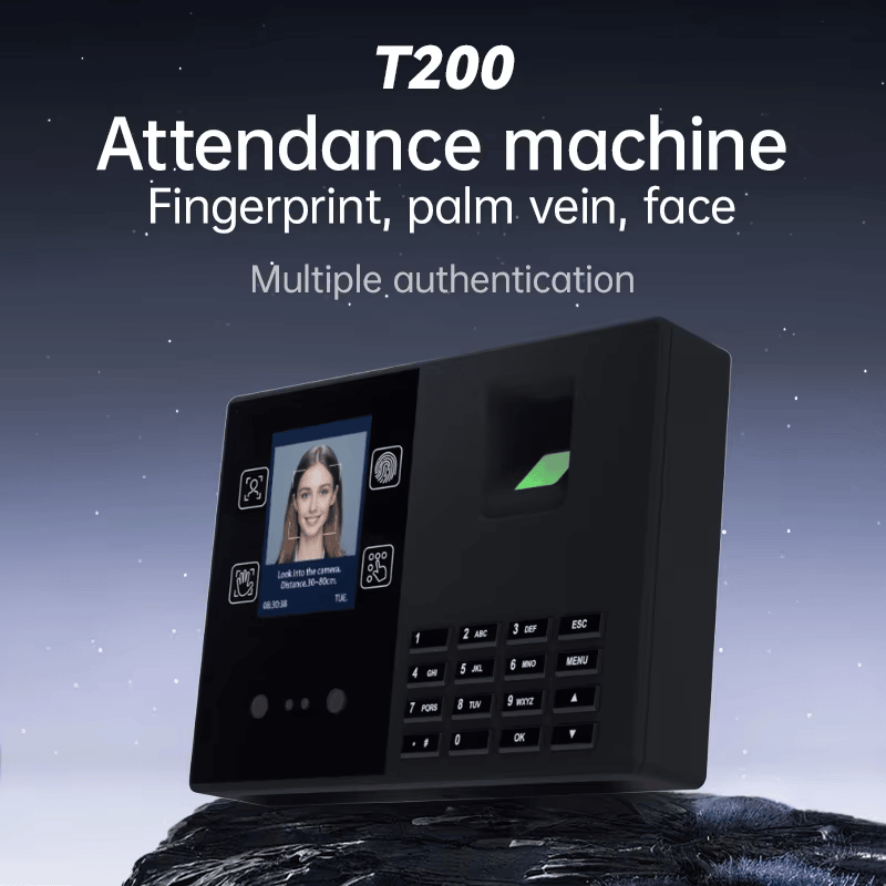 Promotivni poster prikazuje T200 mašinu za evidenciju radnog vremena koja ističe verifikaciju otiska prsta, vene dlana i lica u jednom terminalu.