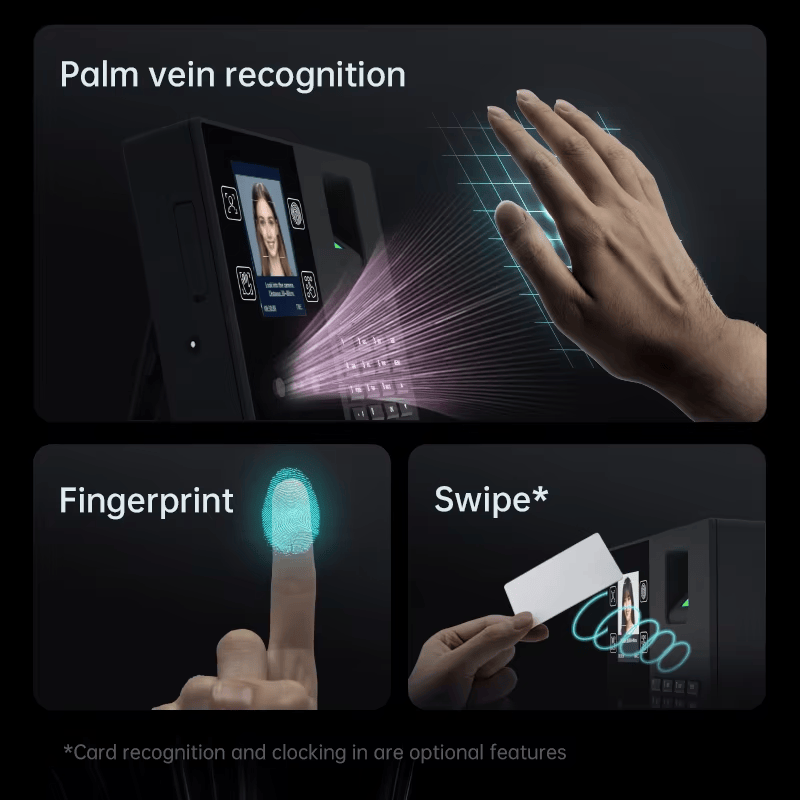 Kolaž biometrijskih funkcija prikazuje T200 terminal koji podržava opcije autentifikacije venama dlana, otiskom prsta i karticom.