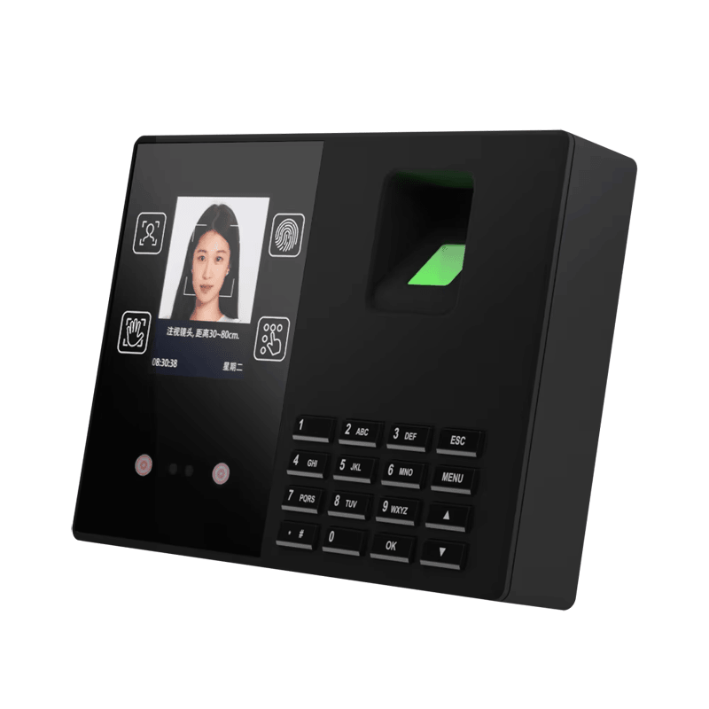 Prikaz zdesna pod uglom pokazuje pristupni terminal T400 sa ekranom za lice tastaturom i udubljenim područjem za skeniranje otiska prsta.
