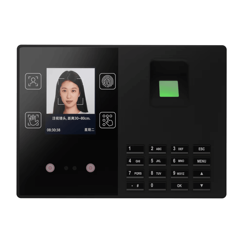 Pristupni terminal T400 prikazan je spreda sa ikonama na ekranu za prepoznavanje lica tastaturom i osvetljenim senzorom otiska prsta.
