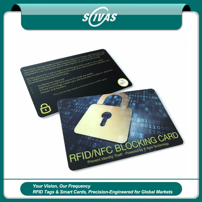 Promotivni baner prikazuje dve RFID zaštitne kartice sa grafikom katanca i brendom SCIVAS za bezbednu zaštitu novčanika.