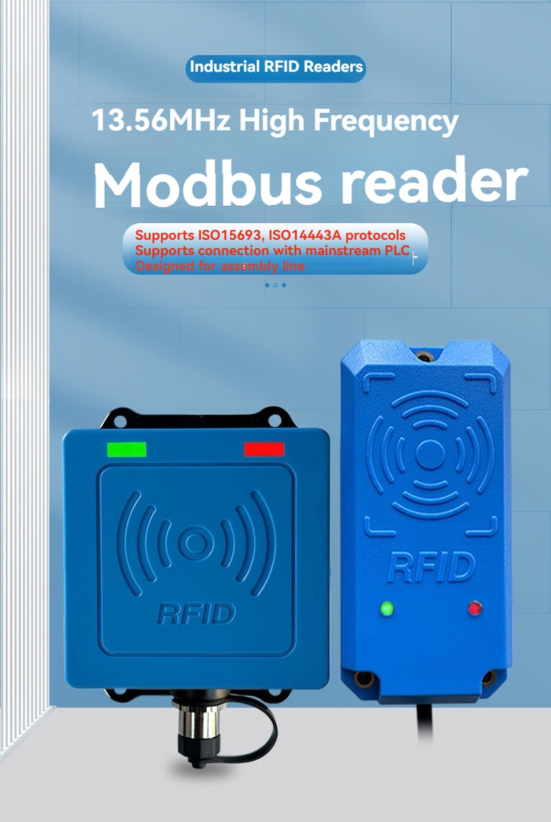 Promotivni poster prikazuje dva plava 13.56MHz industrijska RFID čitača dizajnirana za Modbus konekciju na montažnim linijama.