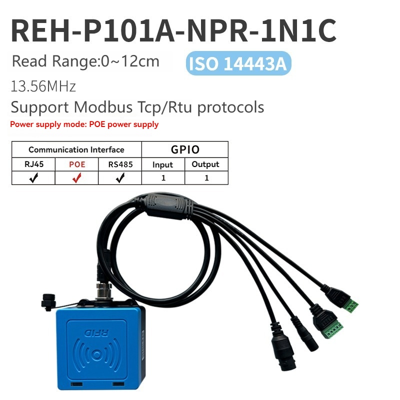 Model kartica predstavlja REH-P101A-NPR-1N1C HF RFID čitač sa PoE napajanjem i podrškom za Modbus TCP RTU.