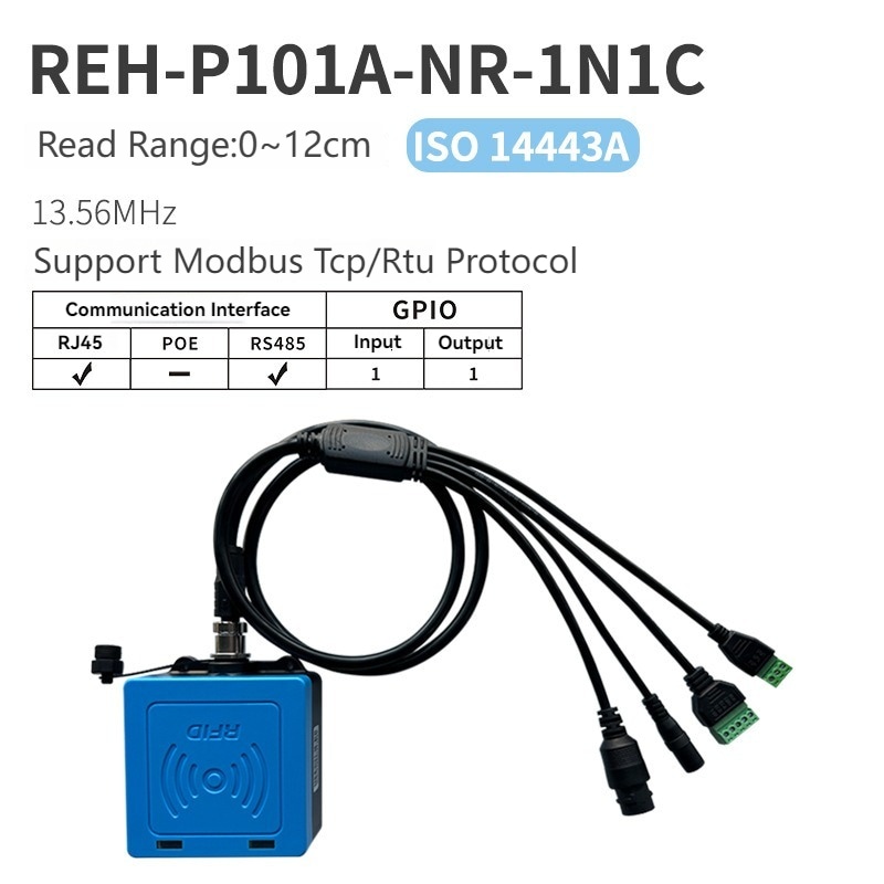 Specifikaciona slika prikazuje REH-P101A-NR-1N1C HF RFID čitač sa RJ45 i RS485 portovima za TCP RTU komunikaciju.