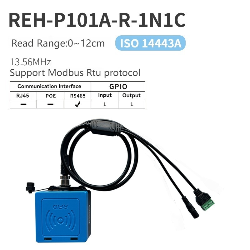 Grafika proizvoda predstavlja REH-P101A-R-1N1C HF RFID čitač za ISO14443A tagove sa podrškom za RS485 i Modbus RTU.