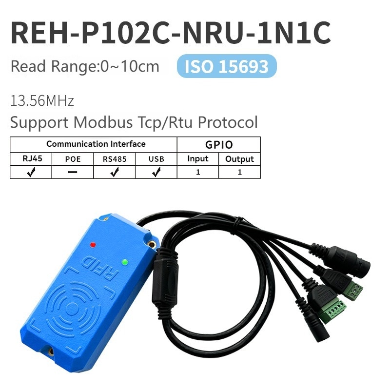 Specifikaciona slika predstavlja REH-P102C-NRU-1N1C HF RFID čitač sa RJ45, RS485 i USB interfejsima za industrijsko upravljanje.