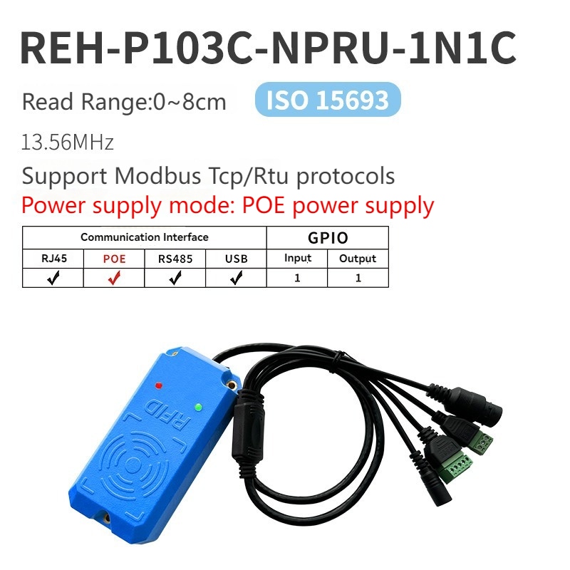 Model kartica prikazuje REH-P103C-NPRU-1N1C HF RFID čitač sa PoE podrškom i više komunikacionih interfejsa.
