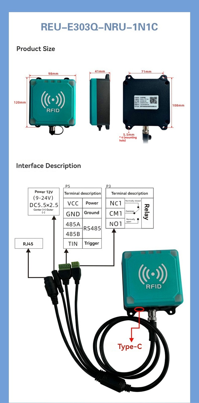 Tehnički dijagram prikazuje dimenzije REU-E303Q-NRU-1N1C interfejs terminale i Type C servisni port.