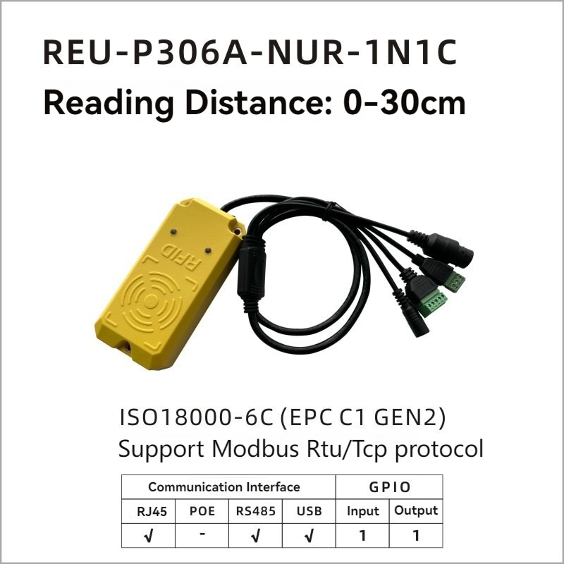 Grafički prikaz proizvoda prikazuje REU-P306A-NUR-1N1C čitač sa RJ45 RS485 USB i dometom od 0 do 30 cm.