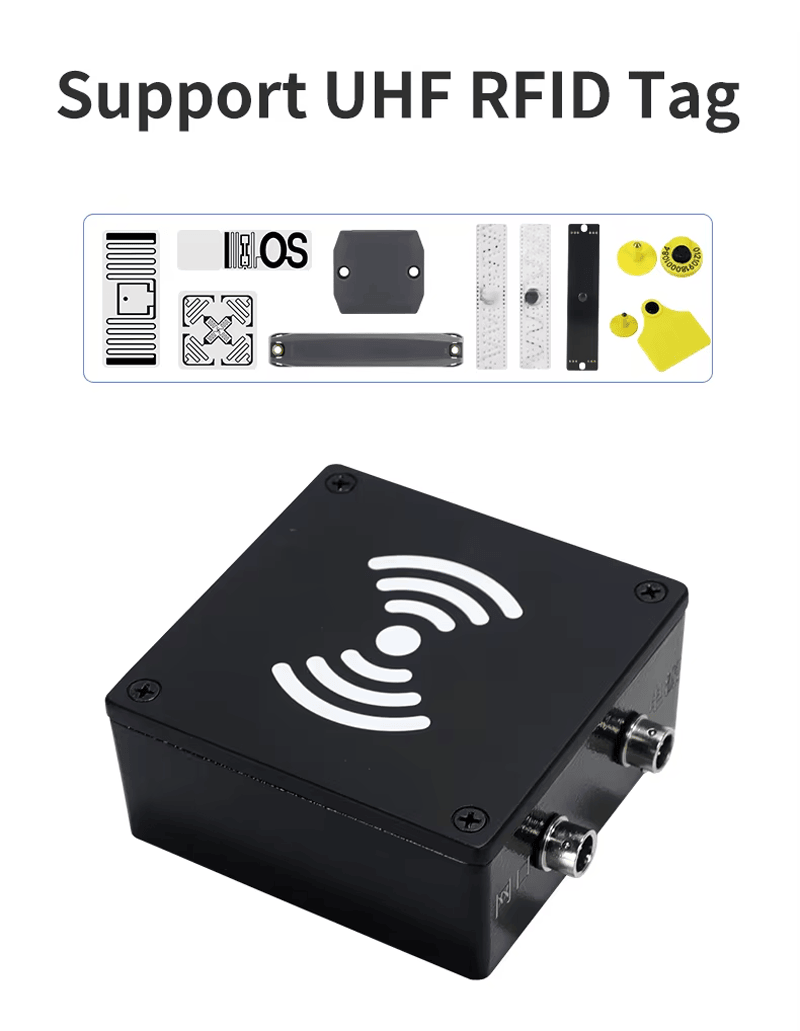 Grafika kompatibilnosti prikazuje FD-604 seriju čitača uz uobičajene UHF RFID etikete, čvrste tagove i tagove za životinje.