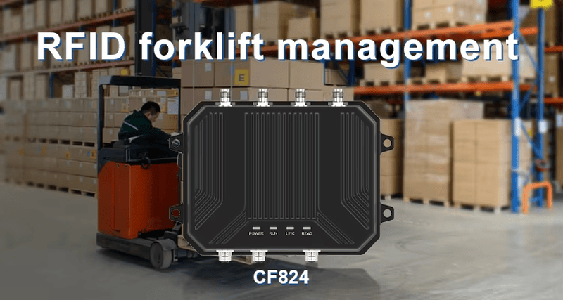Poster za primenu u skladištu prikazuje CF824 UHF industrijski čitač koji se koristi za RFID upravljanje viljuškarima.