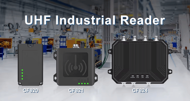 Uporedna slika prikazuje CF820, CF821 i CF824 UHF industrijske čitače zajedno u fabričkom okruženju za referencu modela.