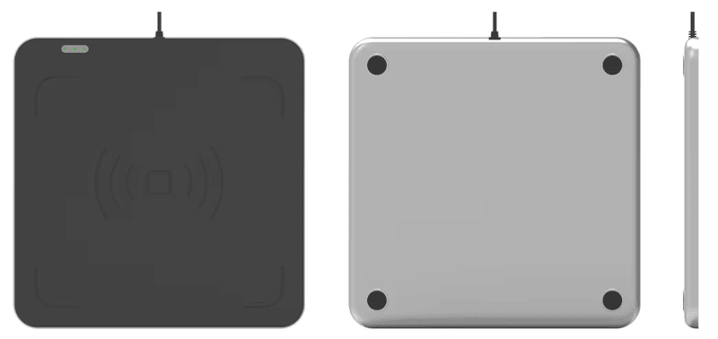 Tehnički crtež dimenzija CF604 UHF RFID desktop čitača koji prikazuje njegovu veliku površinu skeniranja od 400x400x40mm za masovne predmete.