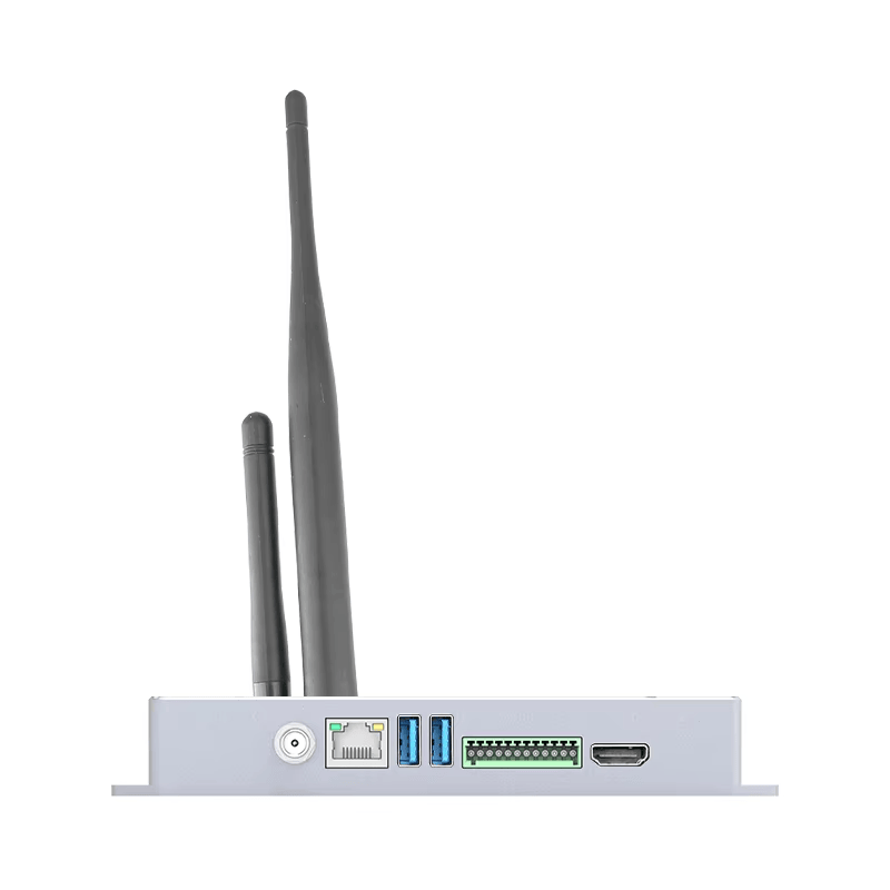 Slika prikazuje fiksni UHF RFID čitač CF800 sa strane interfejsa s vidljivim priključcima RJ45 i USB i terminalnim blokom i HDMI priključkom.