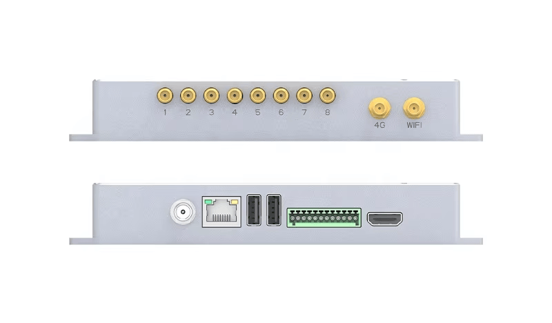 Ova slika prikazuje pun raspored portova CF800 UHF RFID fiksnog čitača sa osam antenskih portova gore i napajanjem, mrežom, USB terminalom i HDMI dole.