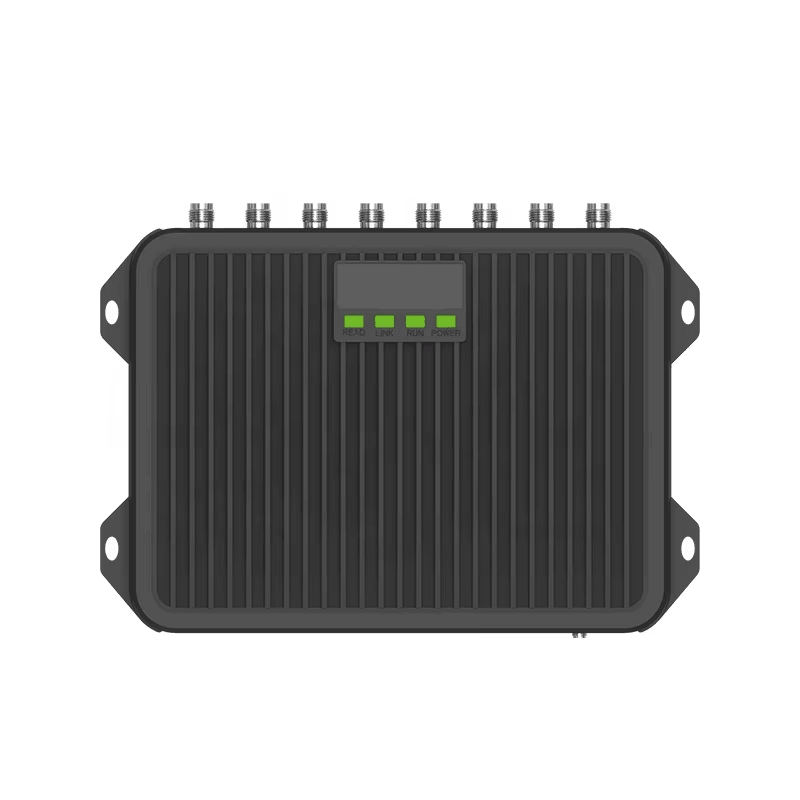 Ova slika prikazuje direktan prednji pogled na CF801 UHF RFID fiksni čitač sa osam gornjih antenskih portova i centralnim indikatorskim modulom.