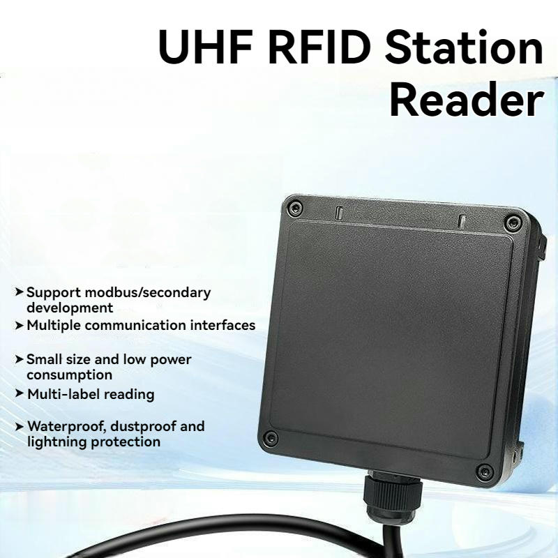 Poster proizvoda predstavlja stacionarni UHF RFID čitač CPH-B401 s kompaktnom veličinom i očitavanjem više etiketa i vodootpornom zaštitom.