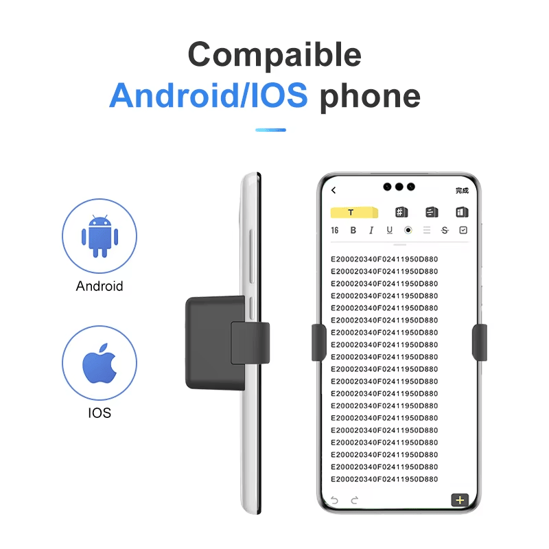 H100 back clip UHF RFID čitač prikazan je u bočnom i prednjem pogledu telefona kako bi se ukazala na kompatibilnost sa Android i IOS sistemima.