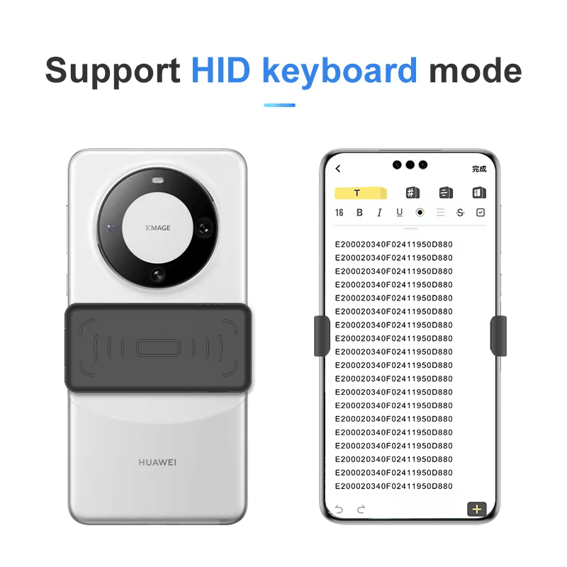 H100 back clip UHF RFID čitač uparen je sa ekranom za beleške na pametnom telefonu kako bi se prikazao direktan unos EPC teksta u HID režimu.