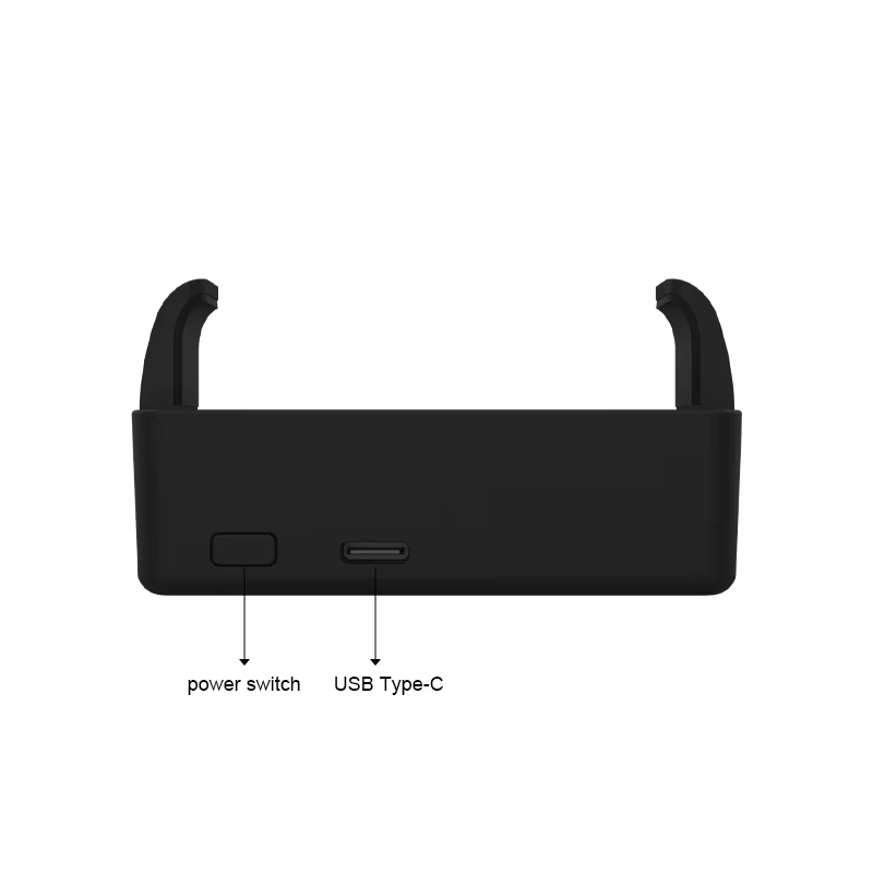 Donji pogled H100 back clip UHF RFID čitača označava prekidač za napajanje i USB Type C port na crnom kućištu.