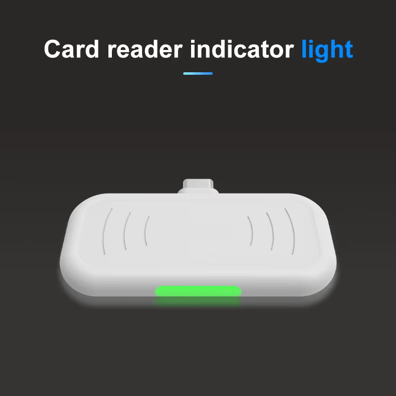 Kompaktni UHF RFID čitač H101 prikazan je spreda sa jarkim zelenim svetlom statusa ispod kućišta za potvrdu čitanja.
