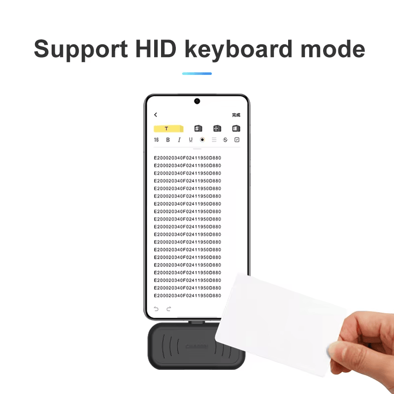 Kompaktni UHF RFID čitač H101 montiran je ispod ekrana telefona kako bi prikazao unos EPC-a u stilu tastature tokom verifikacije oznaka.