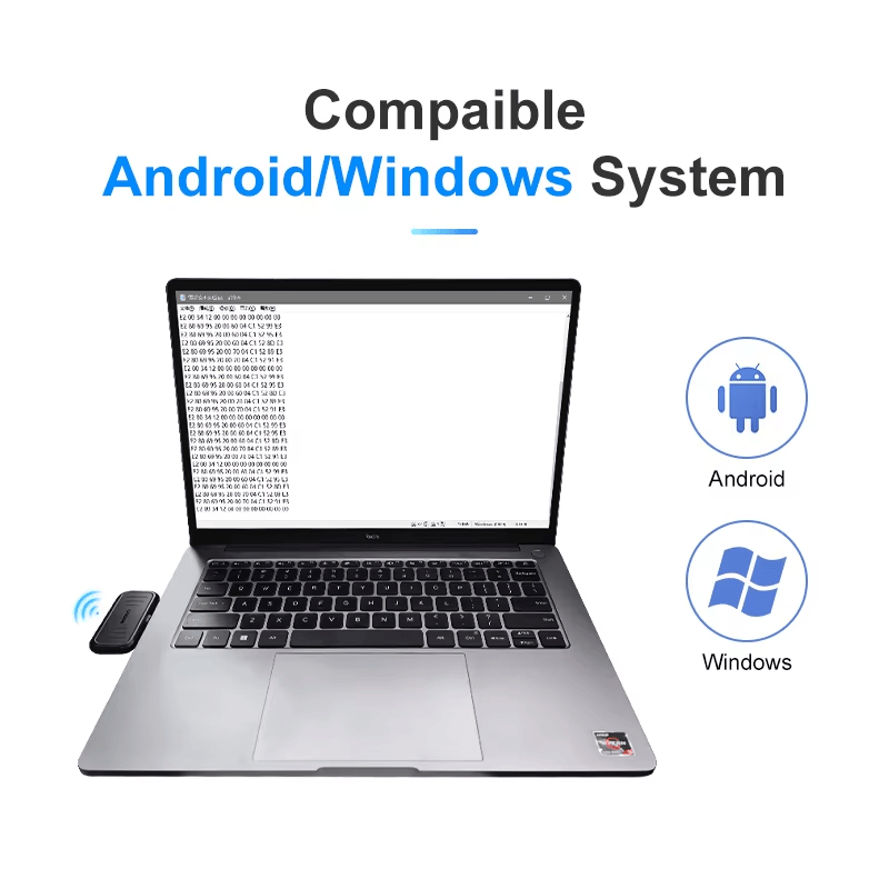 UHF RFID čitač H101 prikazan je pored laptopa sa Android i Windows ikonama kako bi ilustrovao kompatibilnost sistema za prenos podataka.