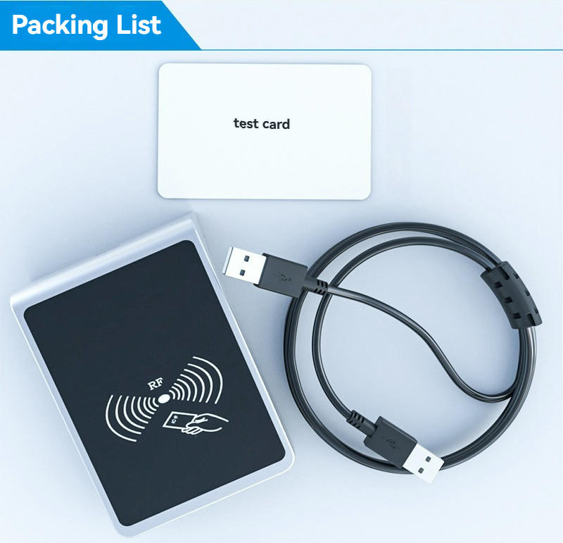 Ova fotografija prikazuje komplet YMC159-D1 HF RFID čitača sa USB kablom i test karticom kako bi se potvrdilo šta se nalazi u pakovanju.
