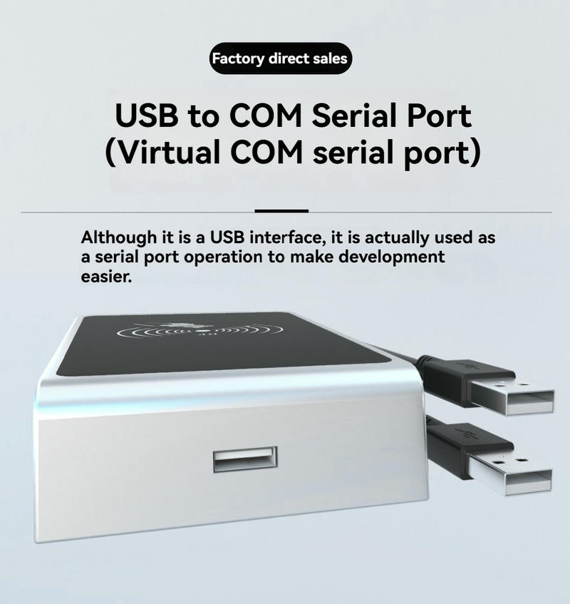 Ovaj snimak iz blizine prikazuje USB vezu YMC159-D1 HF RFID čitača koja se koristi kao virtuelni COM serijski port za razvoj.