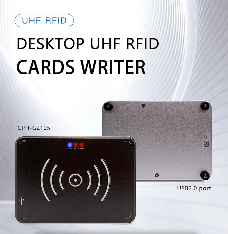 Tehnički crtež dimenzija CPH-G2105 UHF RFID desktop čitača koji prikazuje njegovu kompaktnu veličinu od 150x110x19mm za integraciju.