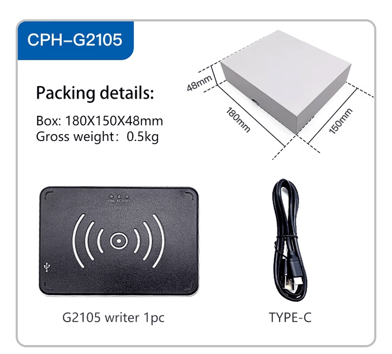 Zadnji prikaz CPH-G2105 UHF RFID desktop čitača koji prikazuje robusno ABS kućište i različite opcije komunikacionih priključaka.