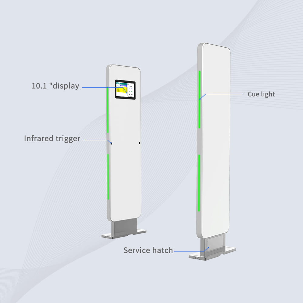Vizuelni prikaz zvučnih i vizuelnih LED indikatora alarma na CK-T4A RFID kapiji koji se aktiviraju za neovlašćene tagove.