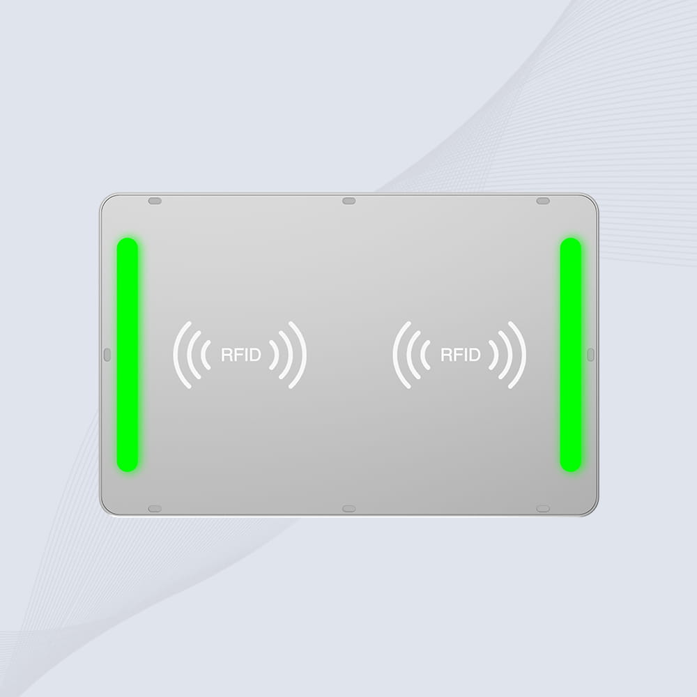 Detaljan prikaz CK-T1C RFID čitača koji pokazuje integrisani sistem svetlosnog i sirena upozorenja koji se koristi za signalizaciju uspešnog skeniranja ili grešaka u procesu.