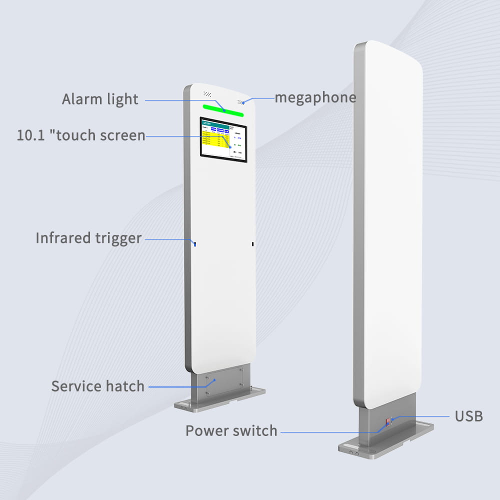 Vizuelni prikaz zvučnog i vizuelnog EAS alarmnog sistema integrisanog u CK-T6 RFID kapiju za trenutna bezbednosna upozorenja.