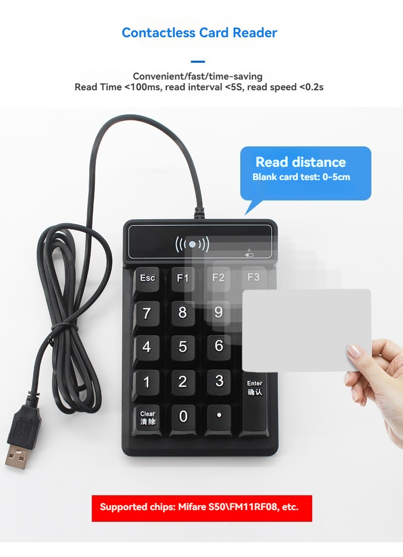 Slika prikazuje R98C HF RFID čitač sa tastaturom i karticom koja se drži blizu gornjeg panela kako bi se ilustrovalo beskontaktno odstojanje čitanja.