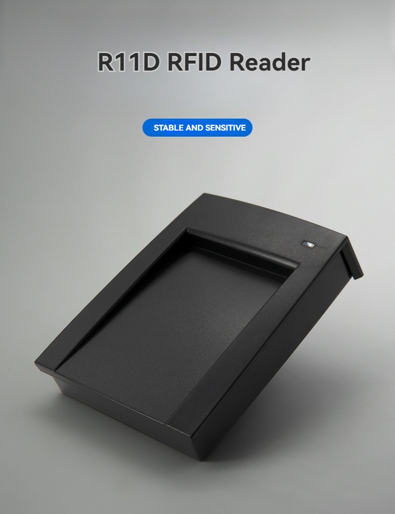 Tehnički crtež prikazuje fizičke dimenzije R11D serijskog RFID čitača radi lakše integracije u postojeće sigurnosne radne stanice.