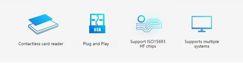 Traka sa ikonama ističe W8093 HF RFID čitač kao beskontaktni čitač kartica sa plug and play USB upotrebom i podrškom za više sistema.