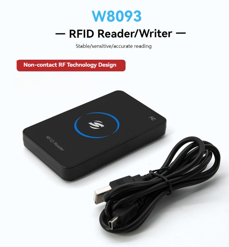 Promotivni poster prikazuje W8093 RFID čitač/pisač sa USB kablom i ističe dizajn beskontaktne RF tehnologije za terensku upotrebu.