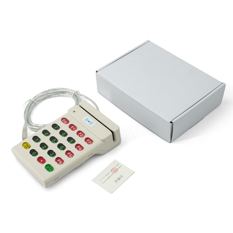 Fotografija proizvoda USB čitač RFID kartica i magnetne trake sa tastaturom sa naglaskom na štampani logotip za projekte iz kategorije Čitači magnetnih kartica.