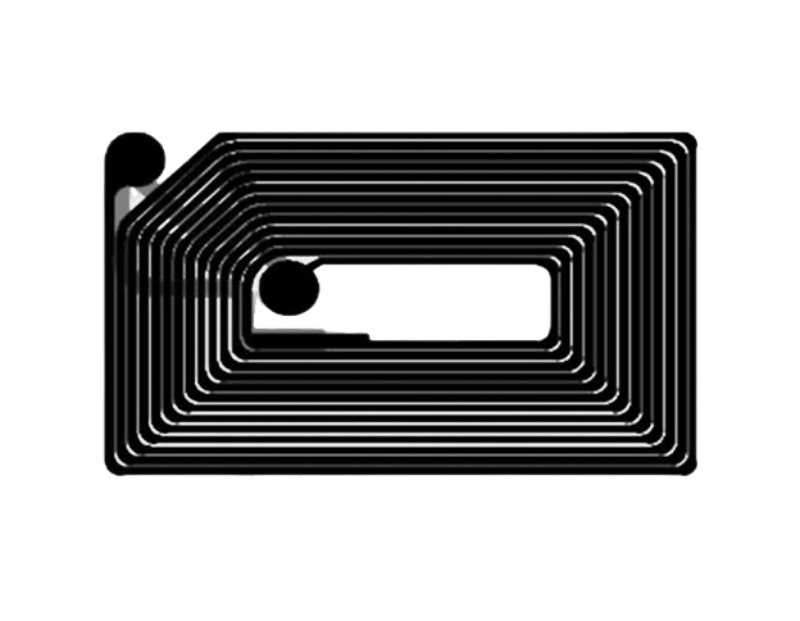 Ovaj tehnički dijagram prikazuje preciznu strukturu bakarne antene HF RFID etikete optimizovane za pouzdano kodiranje podataka u pametnim sistemima.