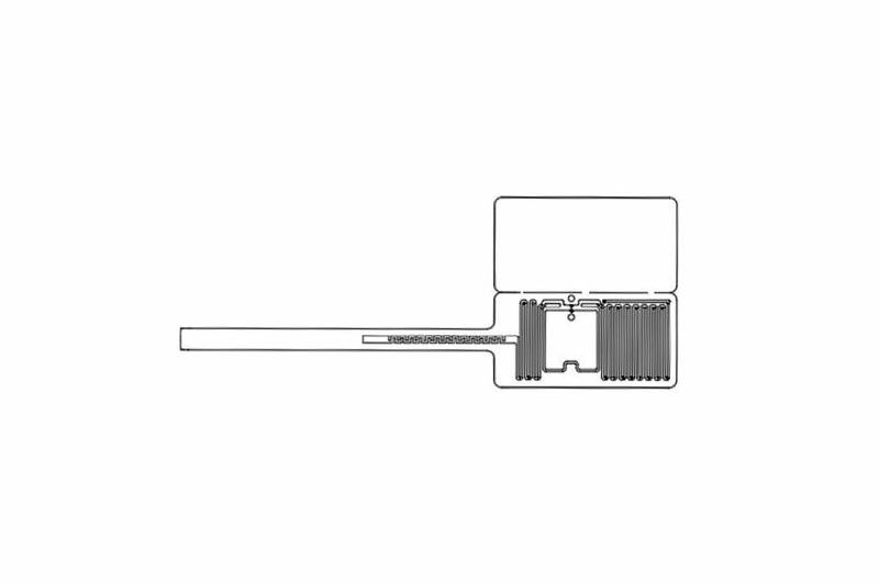 Tehnički crtež prikazuje 42x11mm UHF RFID etikete sa antenskim umetkom sa produženim izvodom za industrijsko praćenje uskih delova i alata.