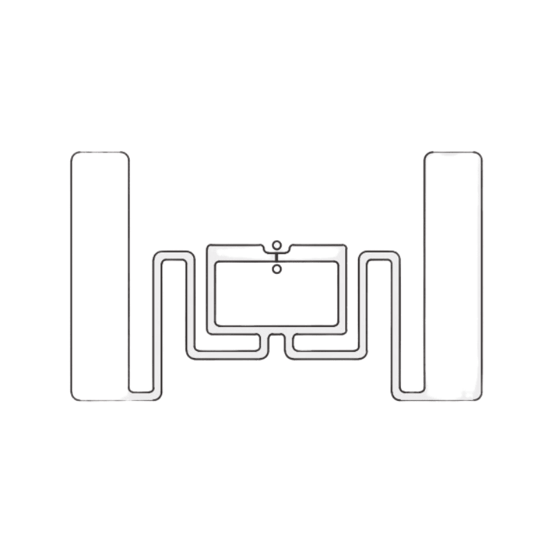 Konturna grafika prikazuje uzorak antena inleja UHF RFID etikete 50x30mm koji se koristi za bezbedno praćenje logistike.
