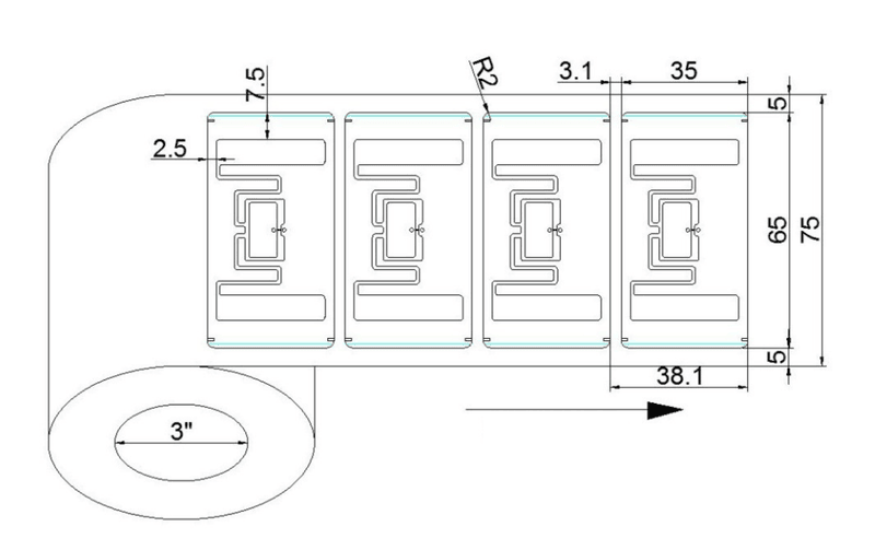 Dijagram dimenzija prikazuje UHF RFID inleje etiketa 50x30mm u rasporedu na rolni za bezbedne logističke i magacinske radne tokove.