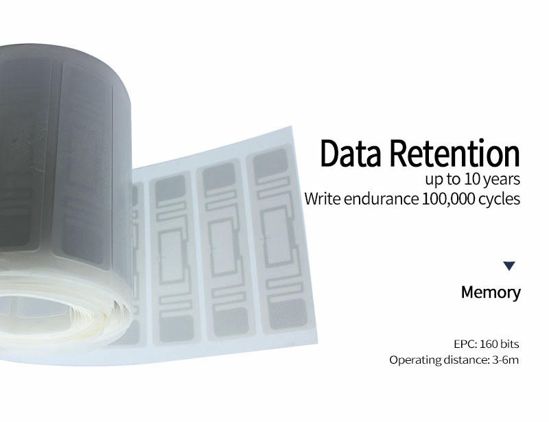 Grafički prikaz koji ističe memoriju UHF RFID etikete sa do 10 godina zadržavanja podataka i 100000 ciklusa prepisivanja za skladišnu upotrebu.