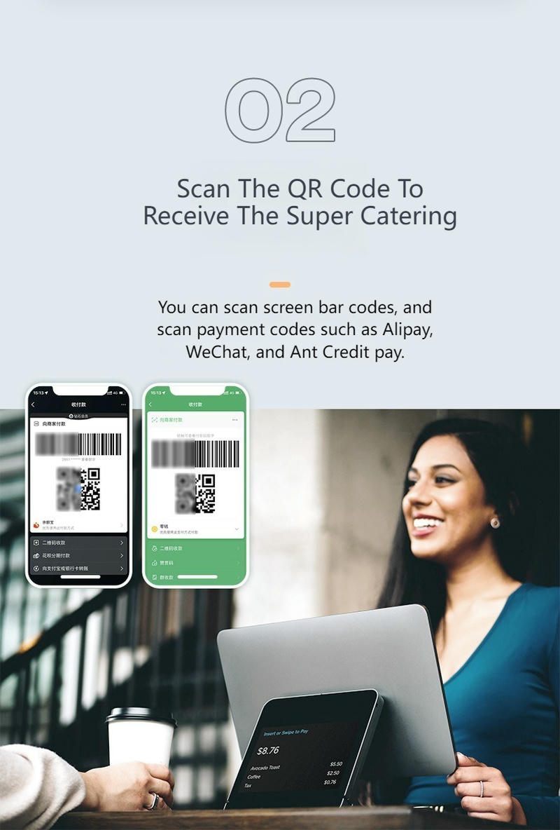 Ovaj R41 poster ilustruje skeniranje QR koda sa ekrana telefona za prikupljanje mobilnog plaćanja u kasirskim i ugostiteljskim scenarijima.