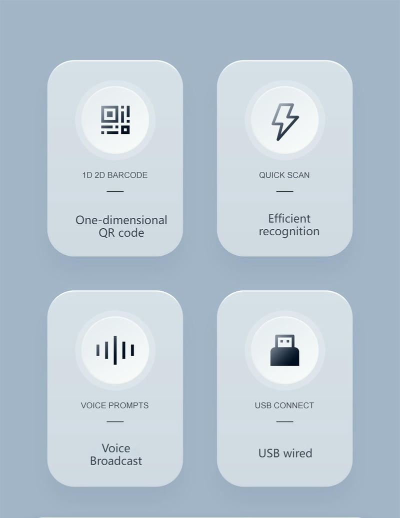 Ova grafička ilustracija funkcija R41 skenera ističe čitanje 1D i 2D kodova, brzo prepoznavanje, glasovne upute i USB vezu.