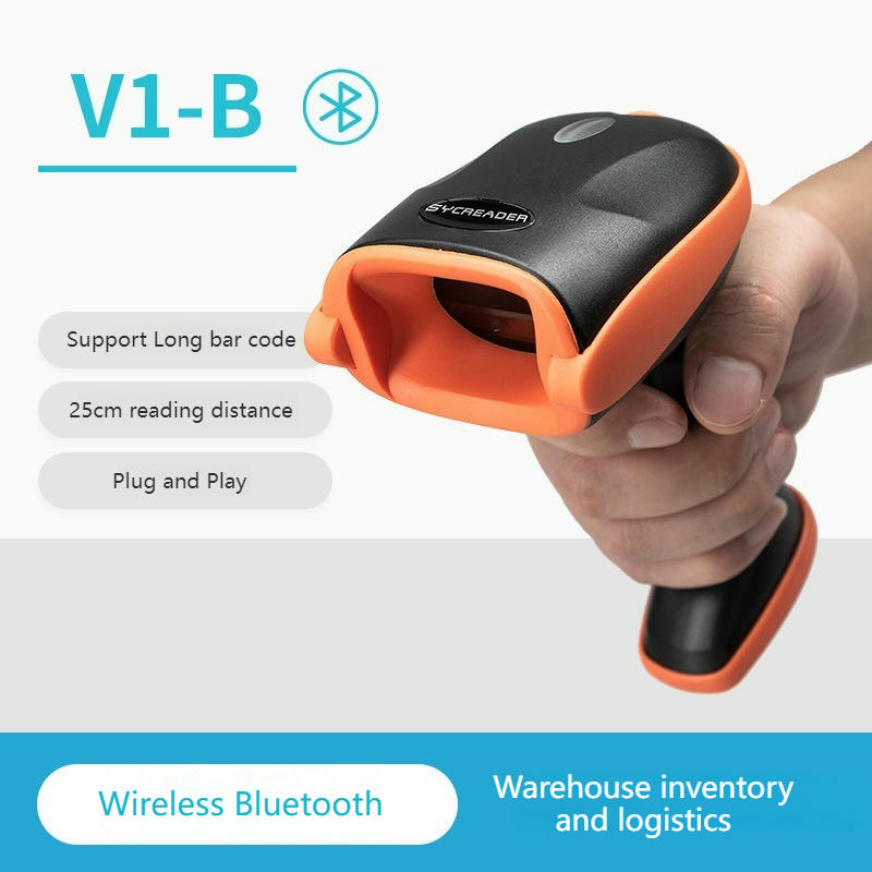 Ruka drži Bluetooth laserski skener bar-kodova V1-B na promotivnoj slici usmerenoj na bežično skeniranje za logistiku.