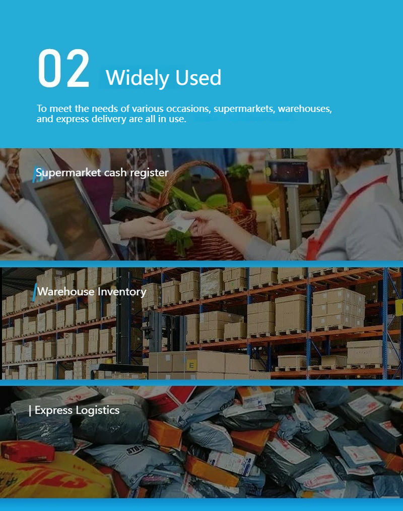 Grafički prikaz upotrebe pokazuje V1 skener primenjen na kasi u supermarketu, u magacinskoj inventuri i u ekspresnoj logistici.