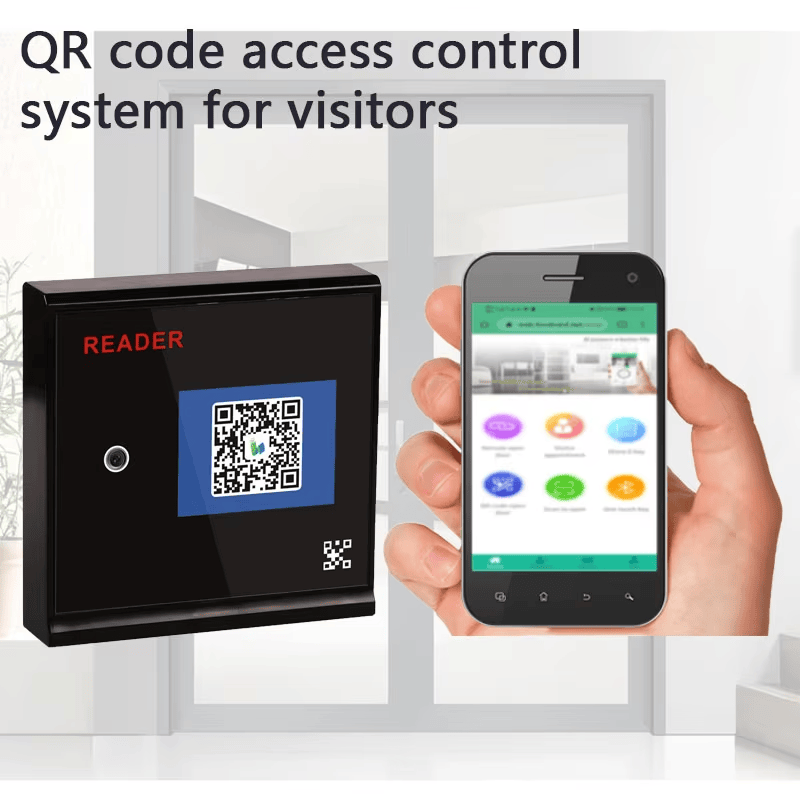 Y30 QR terminal za pristup prikazan je pored interfejsa aplikacije na pametnom telefonu kako bi se prikazala povezana kontrola ulaza posetilaca putem oblaka.